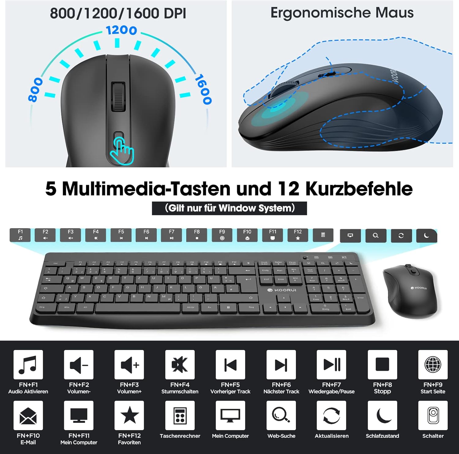 Detalle de KOORUI kabelloses Tastatur-und-Maus-Set (QWERTZ, deutsches Layout) mit leiser Maus, 2,4 GHz Funk – schwarz