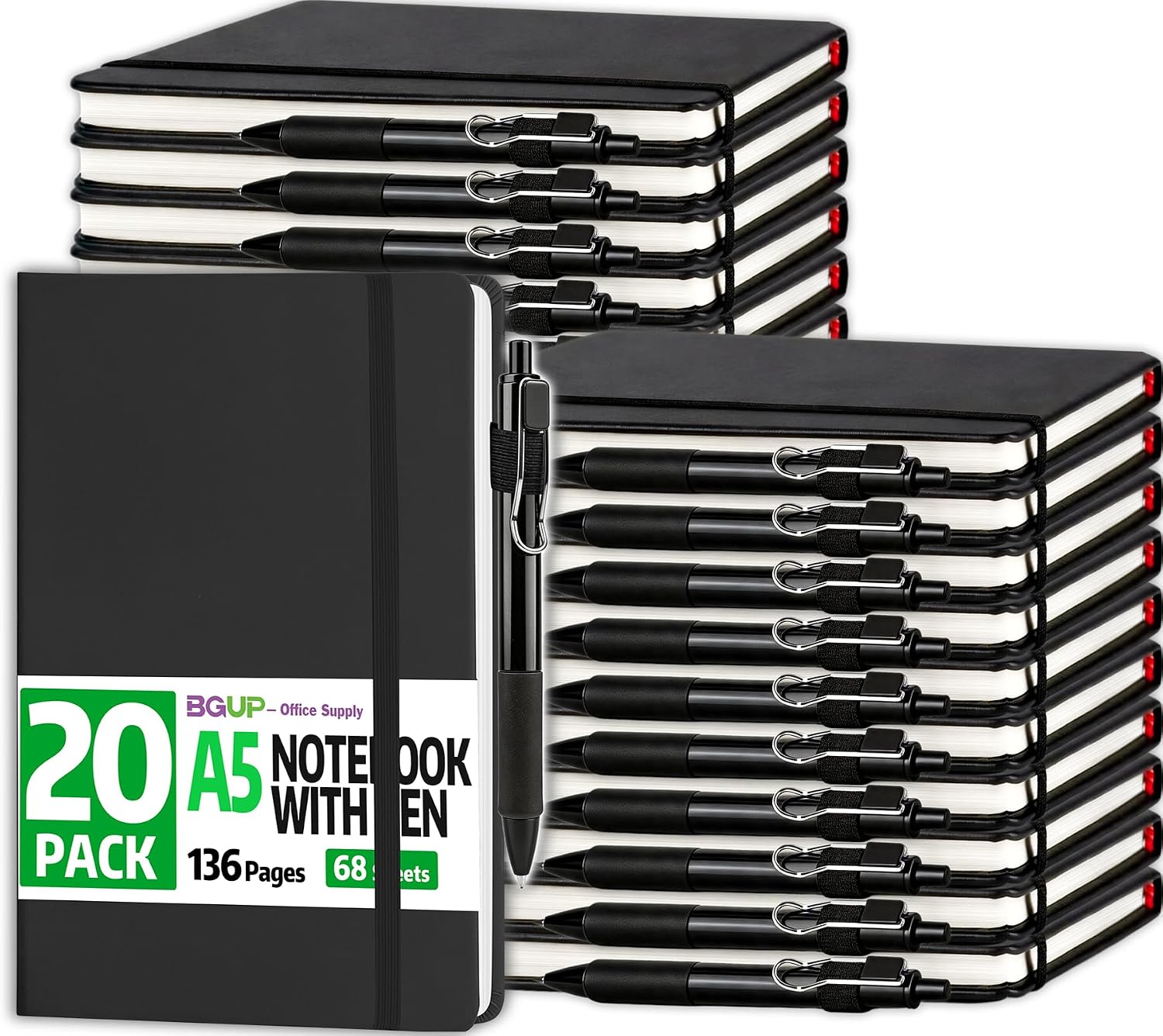 Detalle de BGUP A5 Hardcover Journal and Pen Set, 20-Pack, Faux Leather, 136 Pages