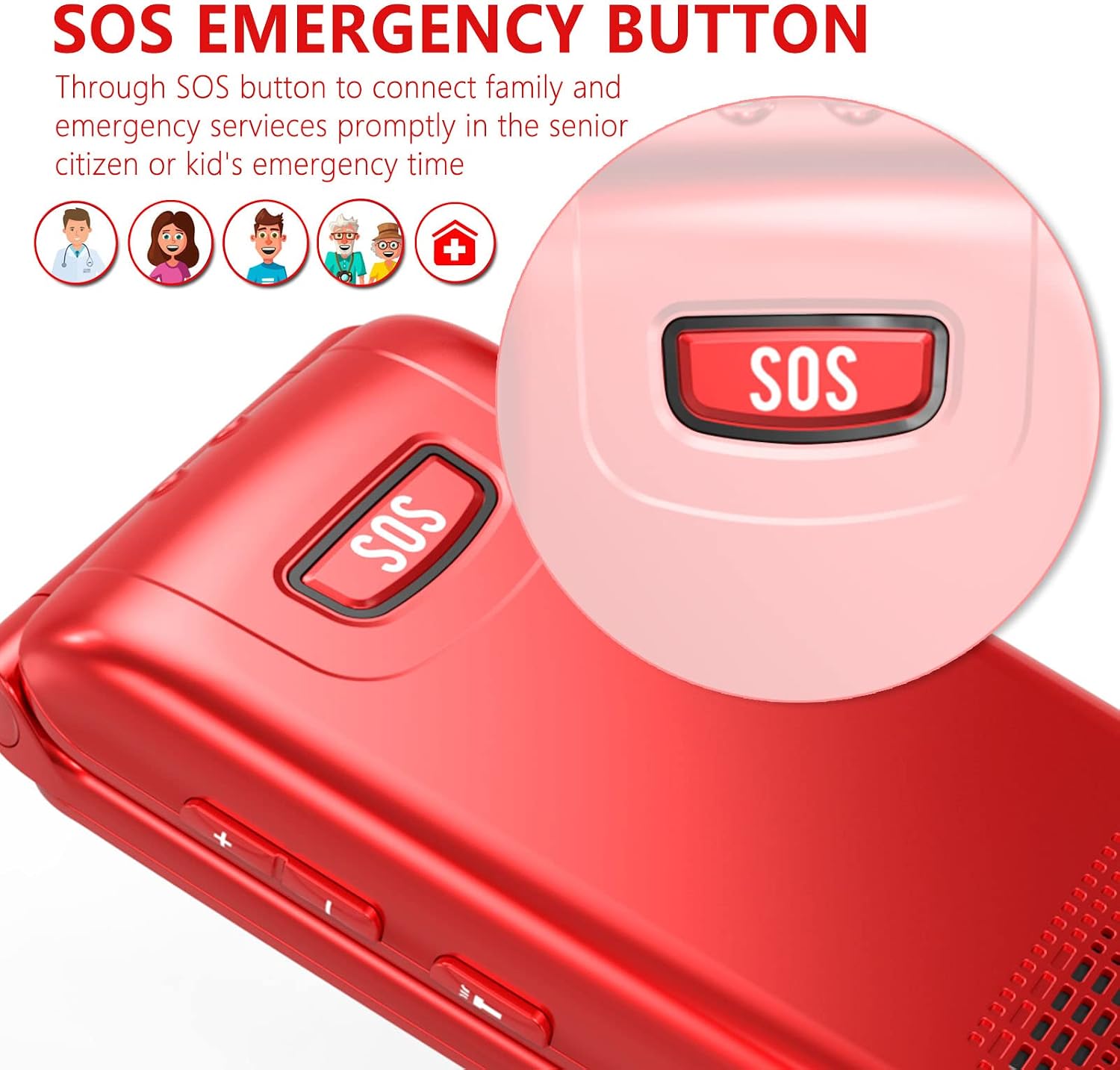 Detalle 2 de CHAKEYAKE G380D Senior flip mobile phone with big buttons, dual-colour displays, SOS and 1000mAh battery (Red)