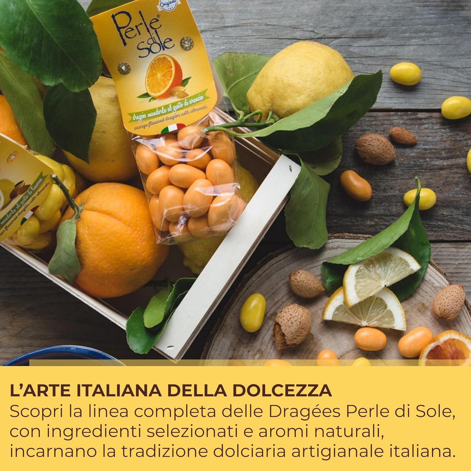 Detalle de Perle di Sole – Confetti Dragées Mandorla al Limone, 150 g: mandorle tostate ricoperte di cioccolato bianco al limone, senza glutine