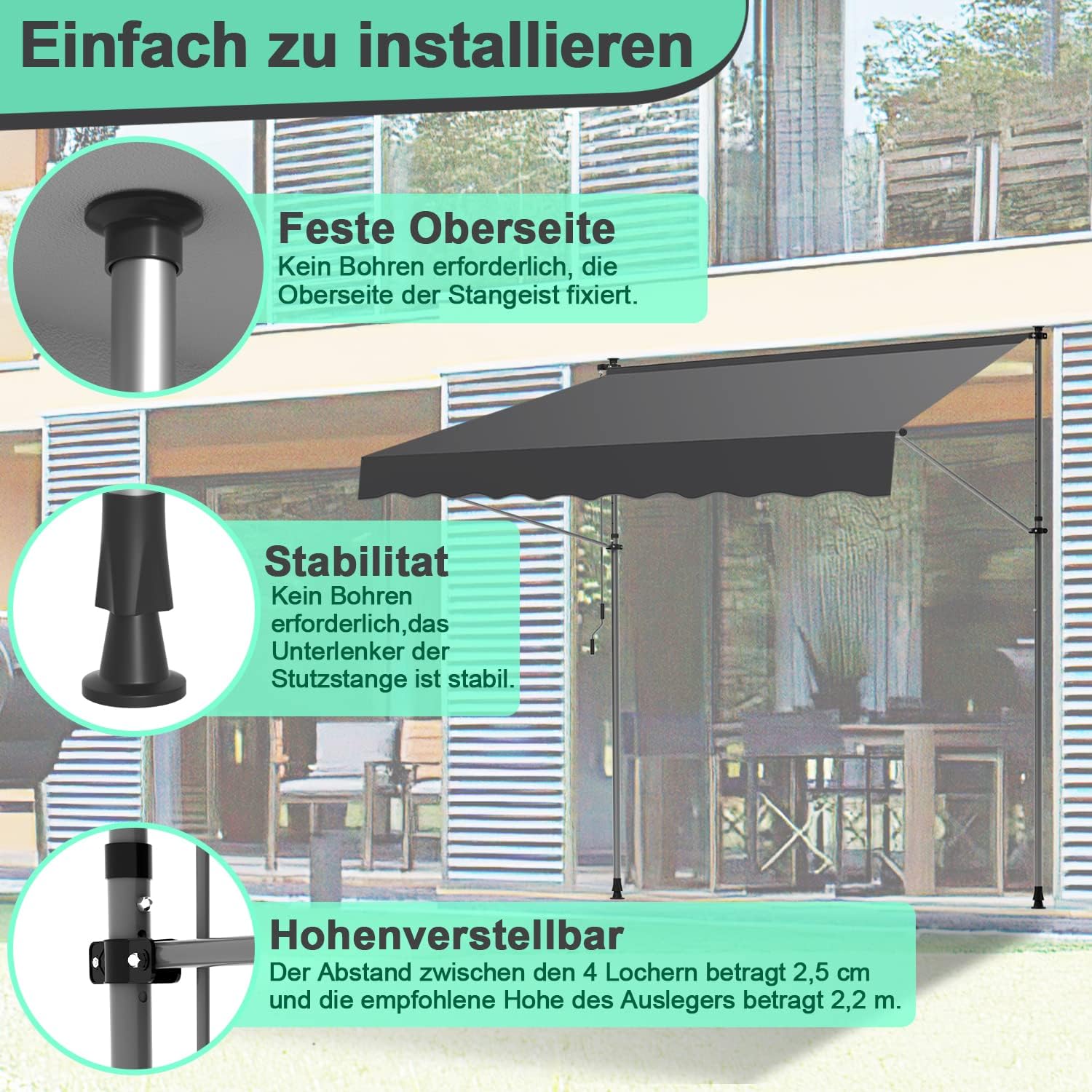 Thumbnail 2 de Ikodm Klemmmarkise 350 cm – Grau, Handkurbel, ohne Bohren, UV50+, wasserabweisend