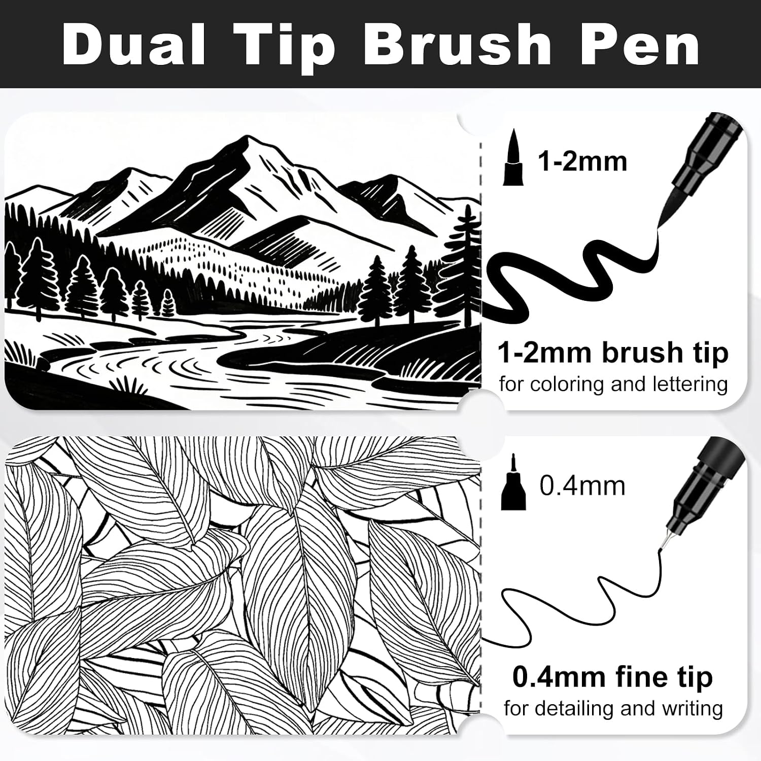 Detalle de Funnasting dual tip felt tip pens (12-pack) – black fineliner and brush tip colouring markers