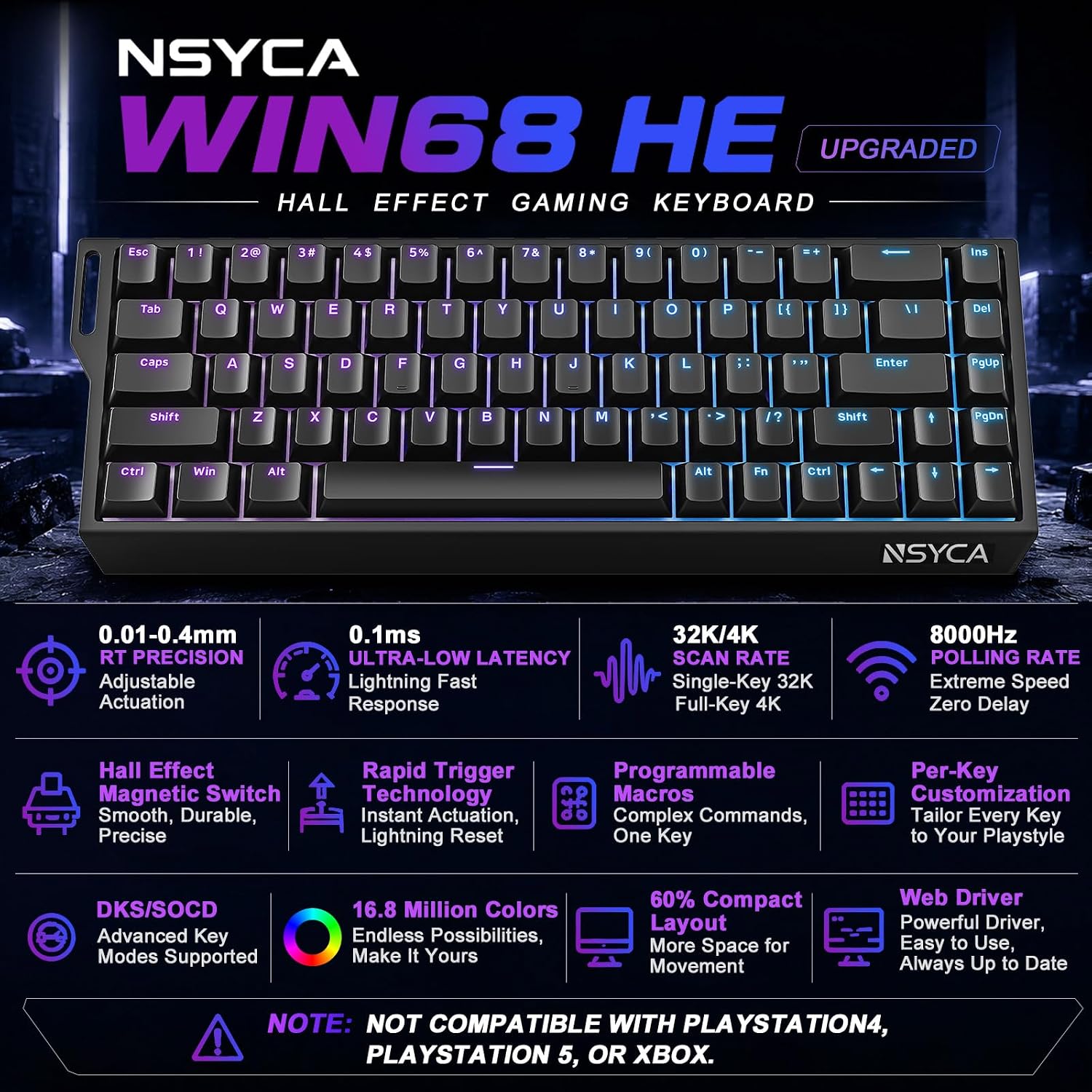 Thumbnail 1 de NSYCA WIN68 HE Hall Effect Keyboard: 60% Magnetic Gaming Keyboard with 8000Hz Polling