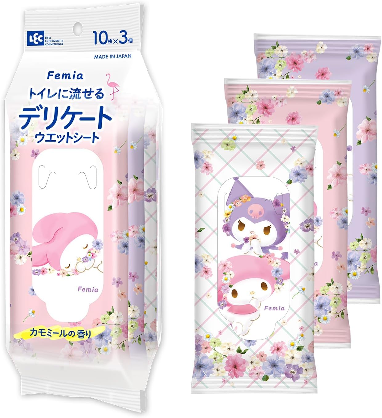 Detalle de レック Femia トイレに流せるデリケートウェットシート 10枚入×3個 マイメロ&クロミ・カモミールの香り