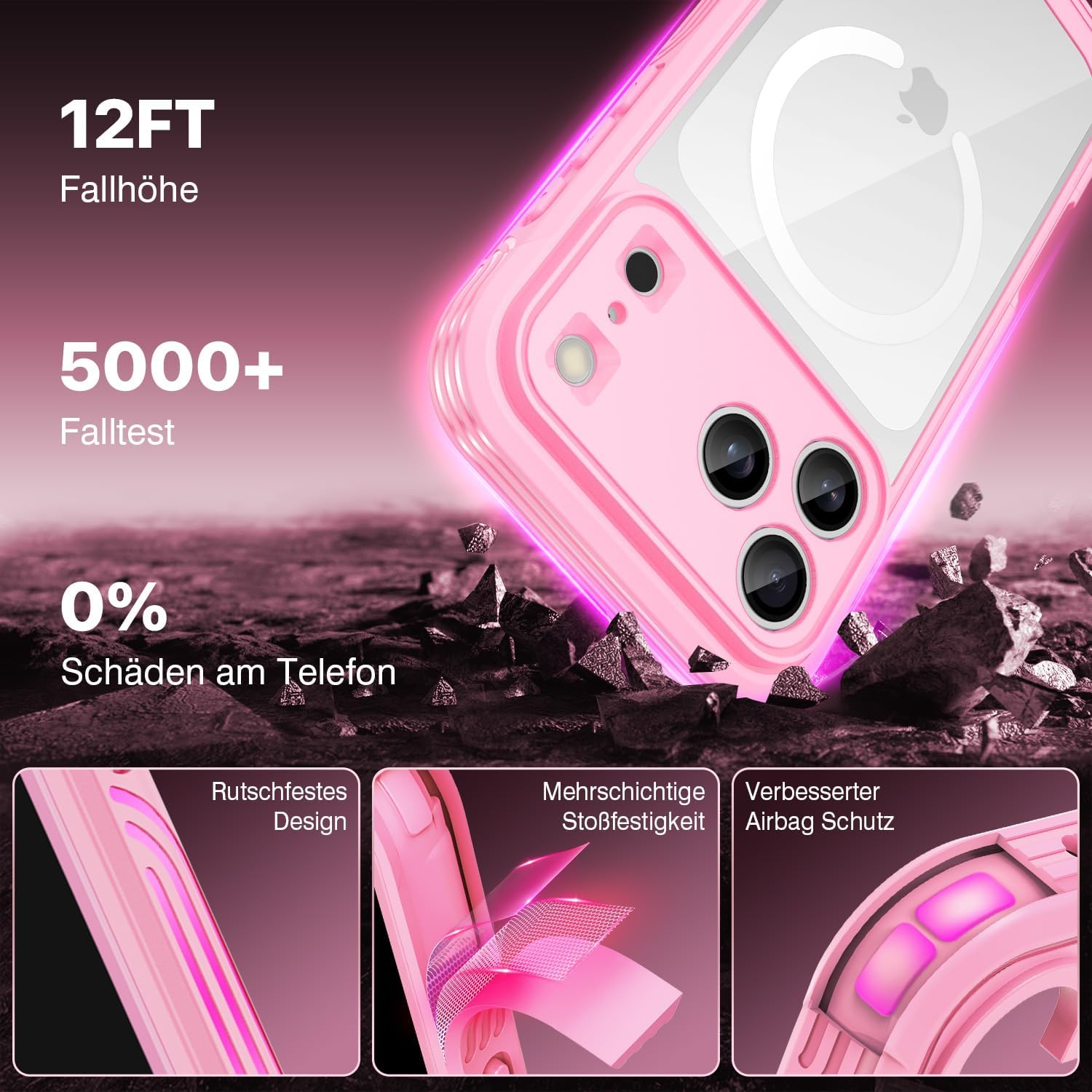 Thumbnail 4 de CENHUFO Hülle für iPhone 17 Pro – MagSafe kompatibel, 360° Schutz, 9H Displayschutz & Kameraschutz in Rosa