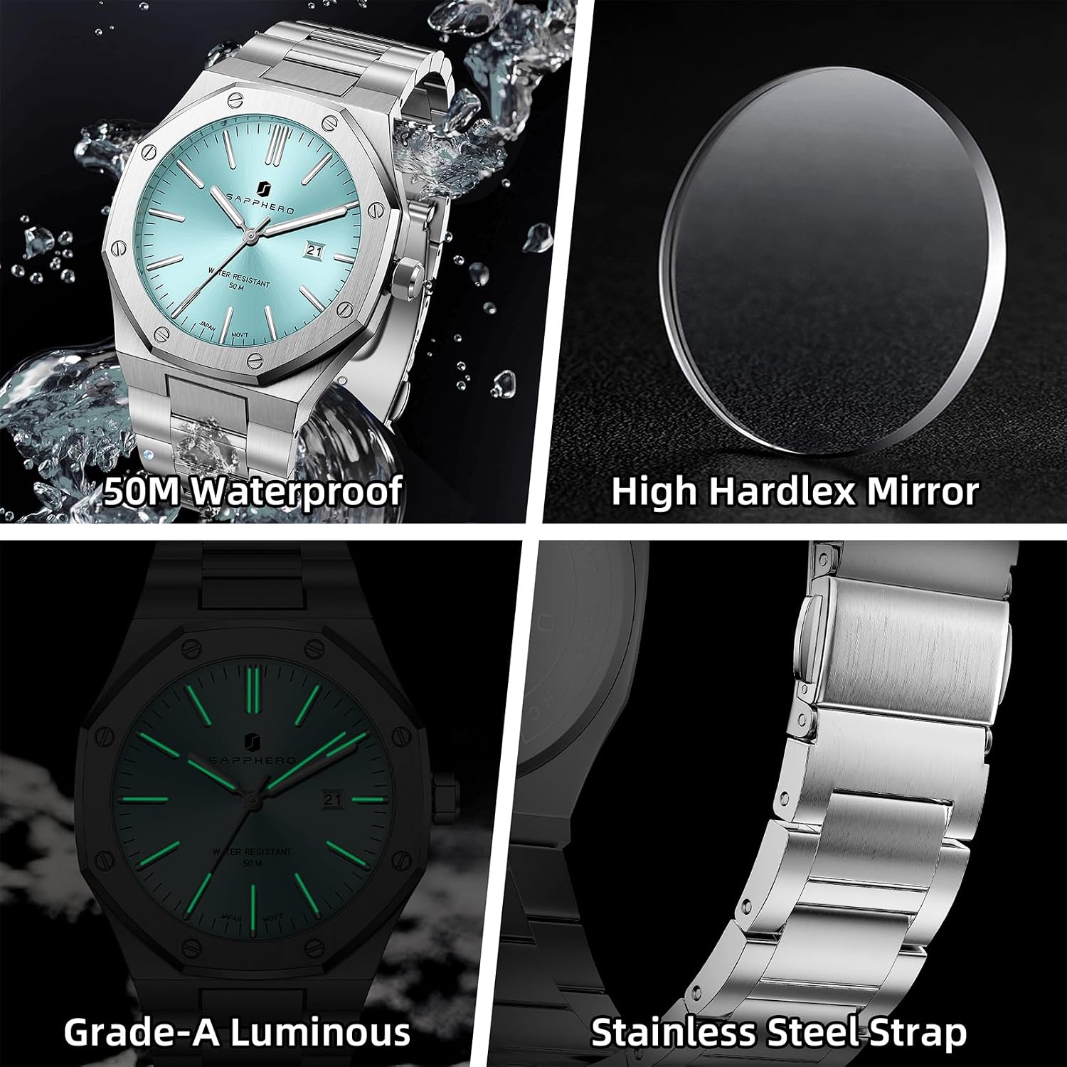 Thumbnail 5 de SAPPHERO Montre pour Hommes en Acier Inoxydable — Montre 50M, boîtier octogonal, quartz japonais, avec date et luminosité