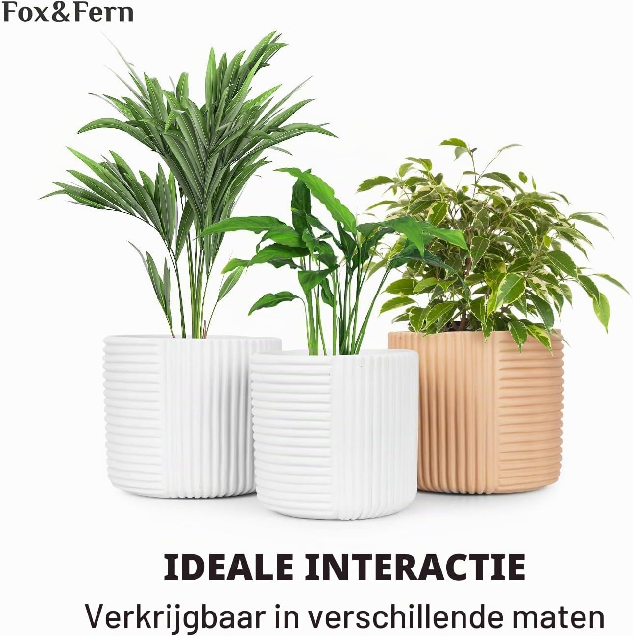 Thumbnail 6 de Fox & Fern PP-ROUND-POLY-L-MW bloempot, zandkleur met lijnstructuur en afvoer