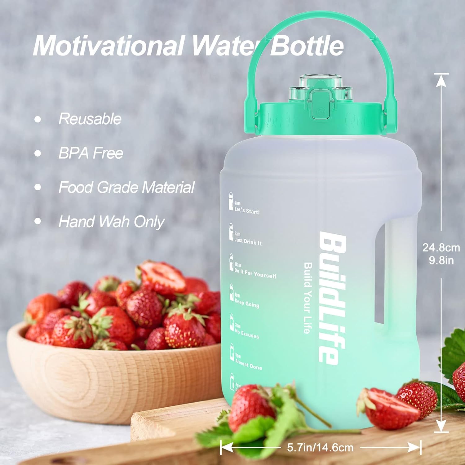 Detalle de BuildLife 2-in-1 Straw & Flip Cap 2.5 L Water Bottle with Time Markings (Purple/Green) – BPA Free, Wide Mouth