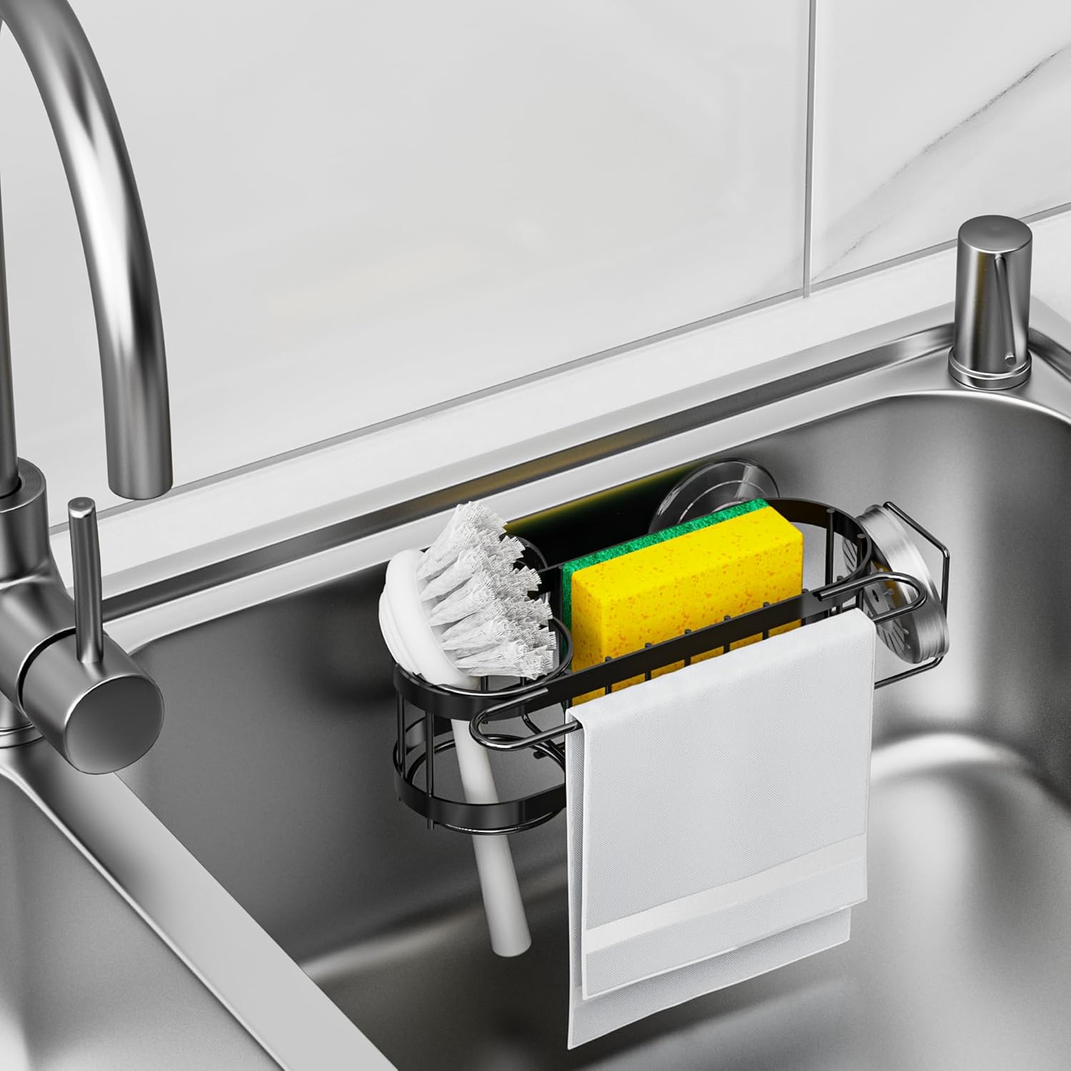 Thumbnail 5 de Cisily Kitchen Sink Caddy Sponge Holder in the Sink (Stainless Steel) — Suction & Adhesive Mounting Organizer