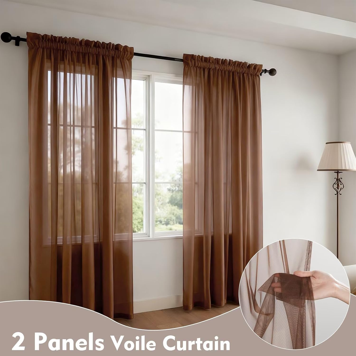 Thumbnail 1 de Zdada Mocha Slot Top Voile Curtains, 72 Drop – 2 Panels (W60xL72 Inch) for Windows