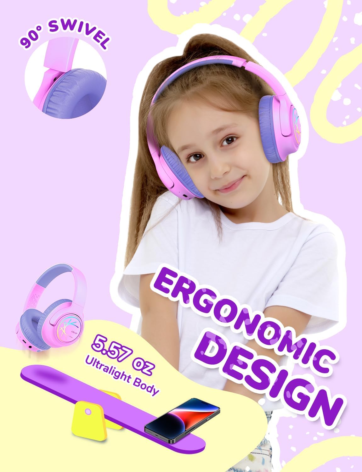 Thumbnail 4 de iClever Bluetooth-Kinderkopfhörer mit LED-Licht, 74/85 dBA Lautstärkebegrenzung & 43 Std. Spielzeit (Type-C, AUX) – Rosa lila