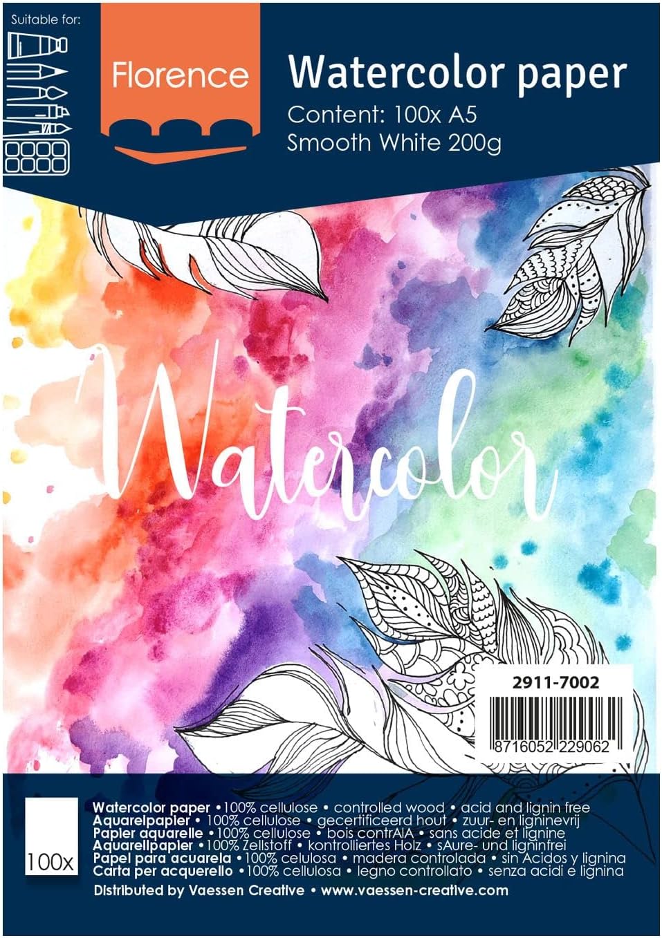 Detalle de Vaessen Creative Papier Aquarelle Florence Pressé à Chaud A5 – 100 feuilles, Blanc Intense 200 g/m²
