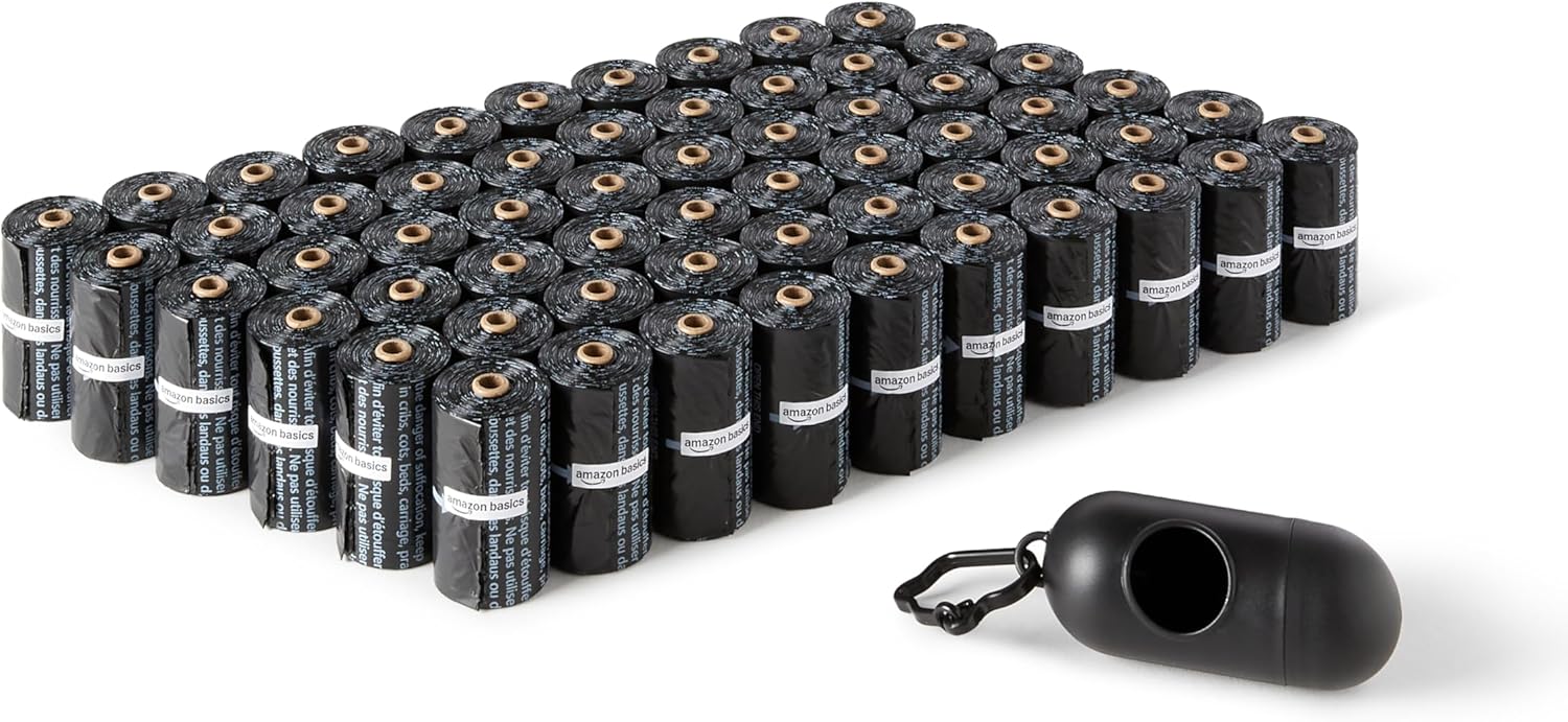 Amazon Basics Sacchetti igienici per cani con dispenser e clip per guinzaglio, 900 pezzi (60 rotoli da 15) – senza profumazione, dimensione 33 x 23 cm