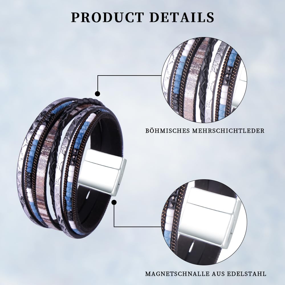 Thumbnail 3 de Viwind Damen-Lederarmband im Boho-Stil (Wickelarmband, Magnetverschluss) – ca. 19 cm