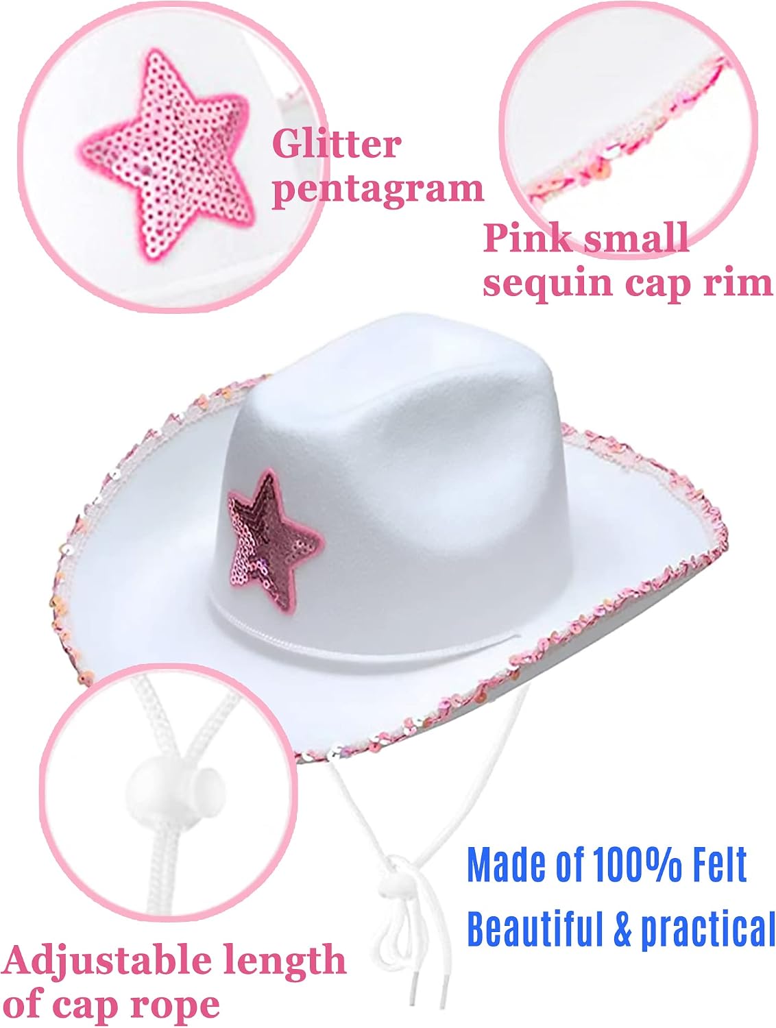 Detalle de db11 Pink Cowboy Hat with Sequins and Heart Glasses (White & Pink) – A Fun Party Accessory