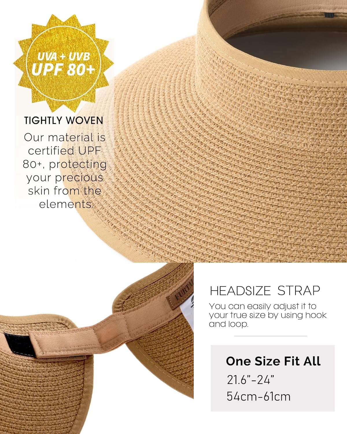 Thumbnail 6 de FURTALK Women’s Sun Hats Wide Brim Straw Hat with UPF 80+ Protection (Packable, Foldable, Ponytail Opening)