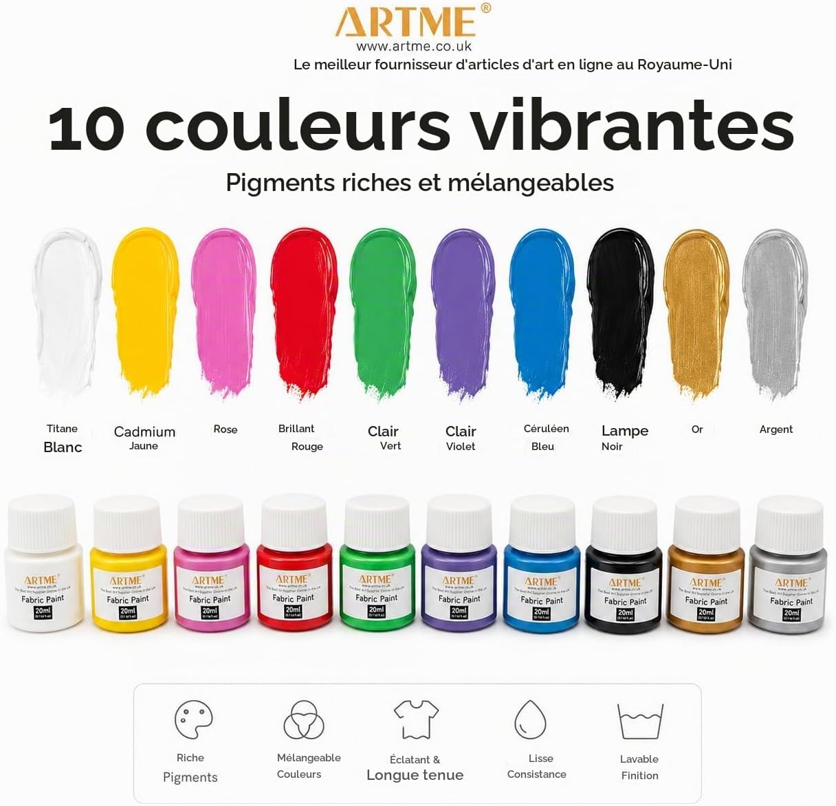 Detalle de ARTME textielverfset, 10 kleuren van 20 ml voor katoen en linnen