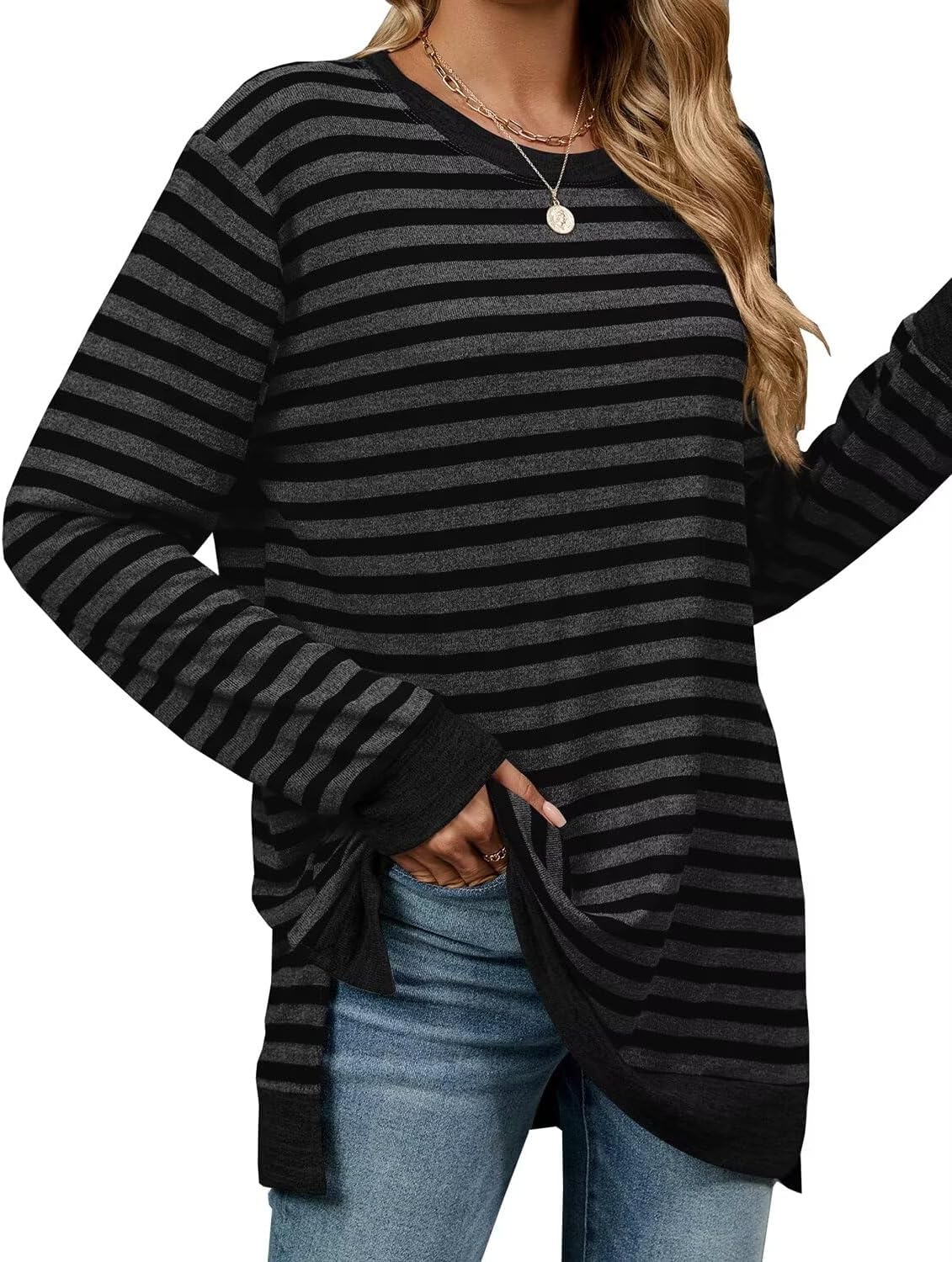 Detalle de WELINCO Women's Long-Sleeve Colour-Block Tunic Top with Side Splits