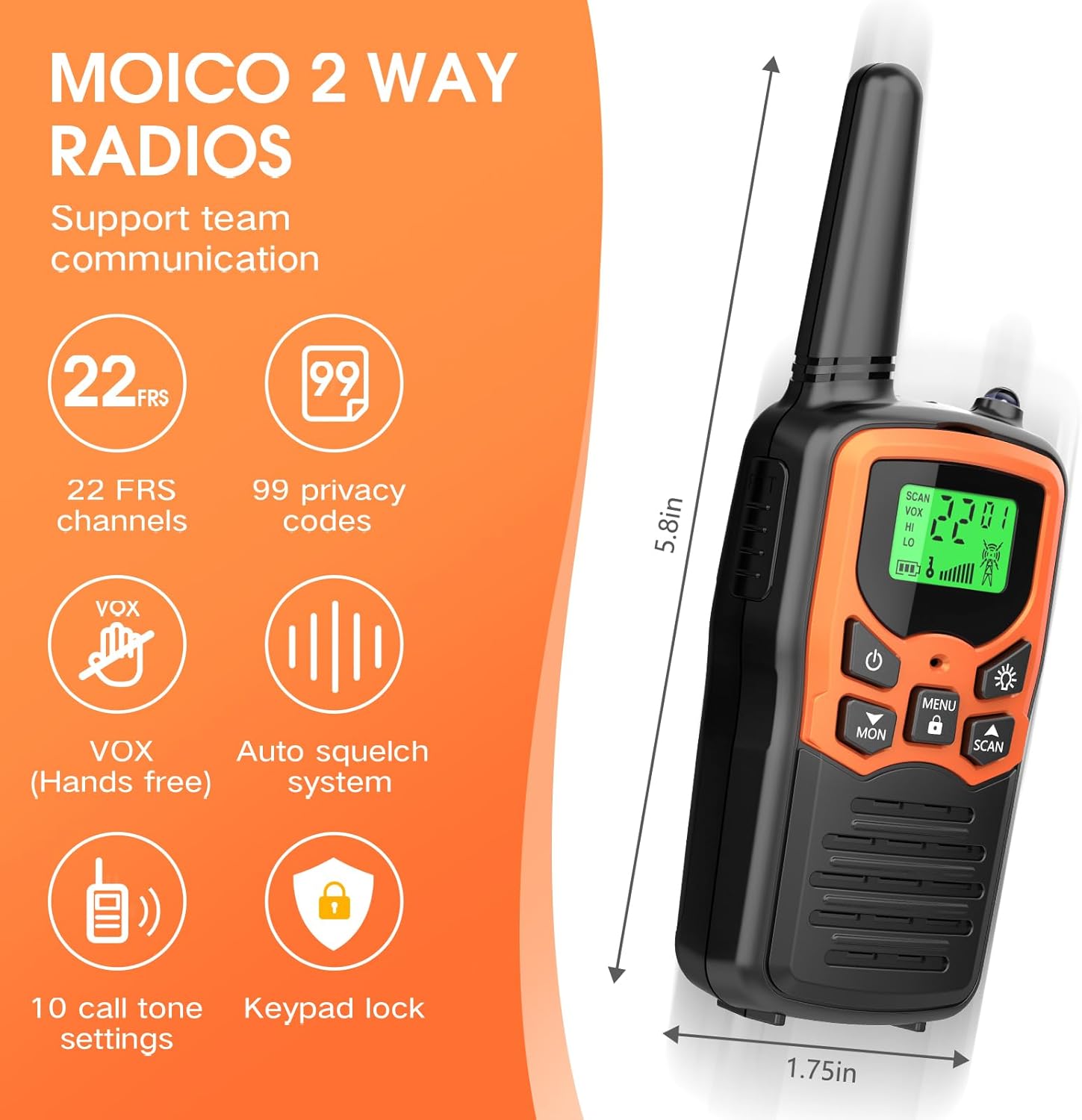 Thumbnail 1 de MOICO Long Range Walkie Talkies (2 Pack) – 22 Channels, VOX, LED Flashlight, LCD Display for Outdoor Adventures