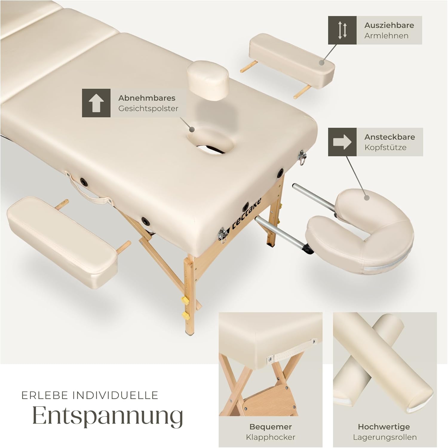 Detalle de tectake® Massageliege klappbar und höhenverstellbar (beige) – gepolstert für Massage, Tattoo oder Kosmetik