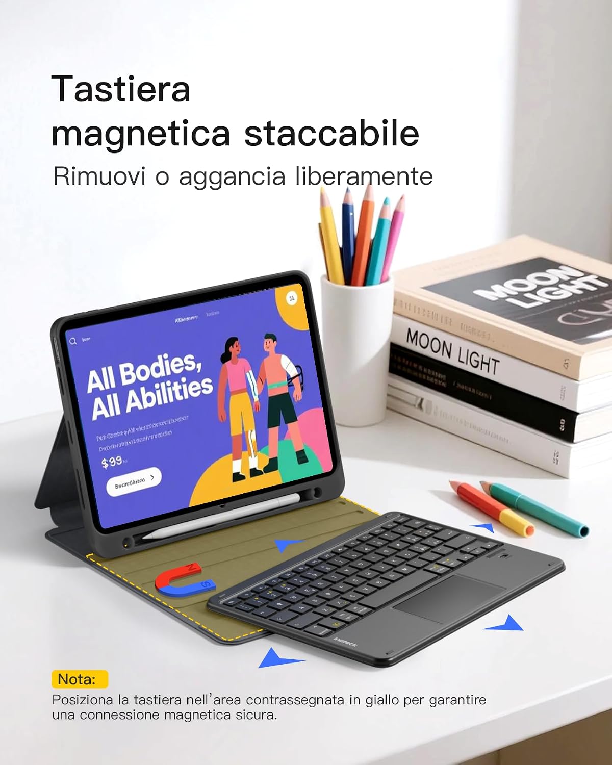 Detalle de Inateck Cover iPad con Tastiera e Trackpad: compatibilità estesa e comodità in un unico accessorio