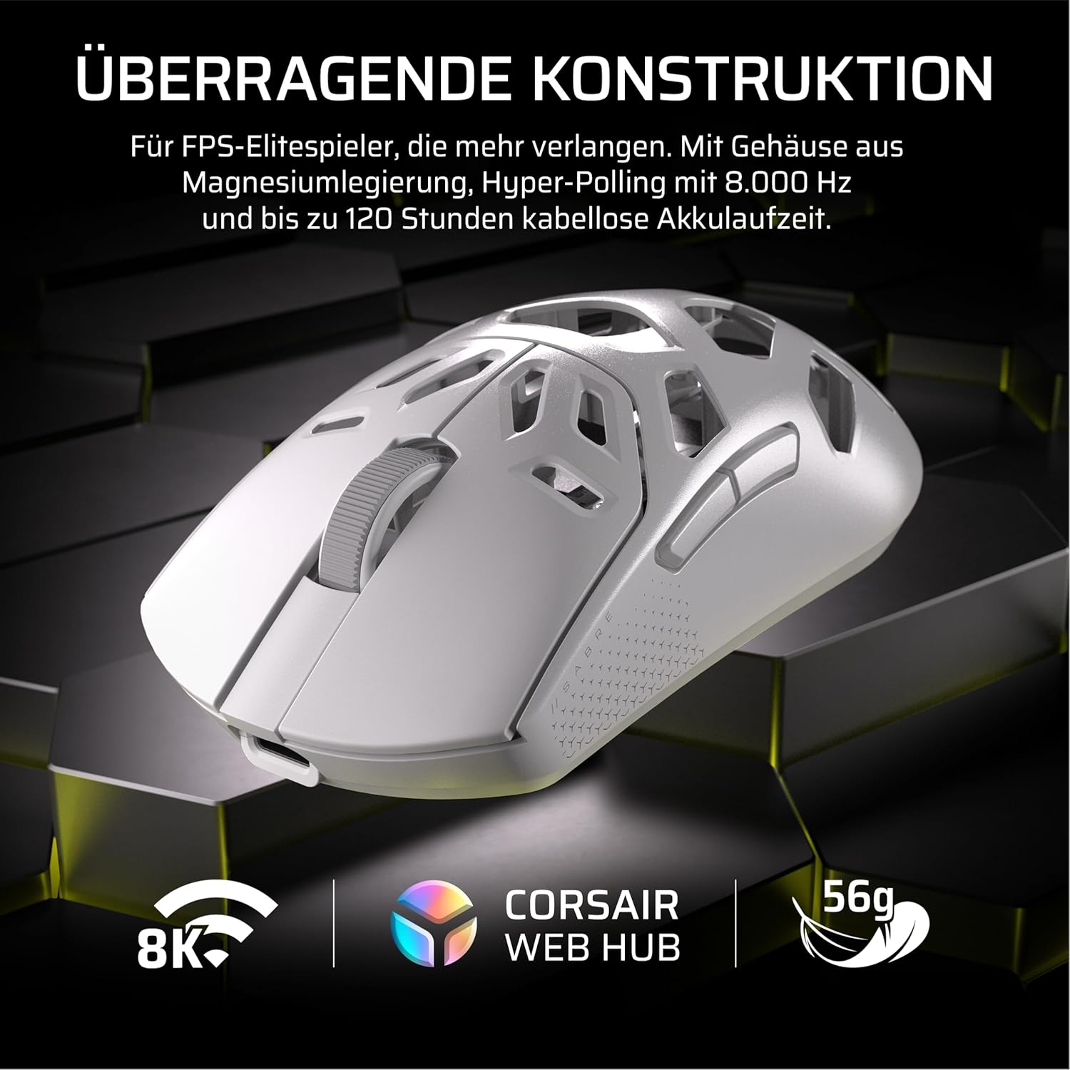 Thumbnail 1 de Corsair Sabre v2 PRO kabellose FPS-Gaming-Maus (weiß) – 33.000 DPI, 8.000 Hz Hyper-Polling, bis zu 120 Std. Akkulaufzeit