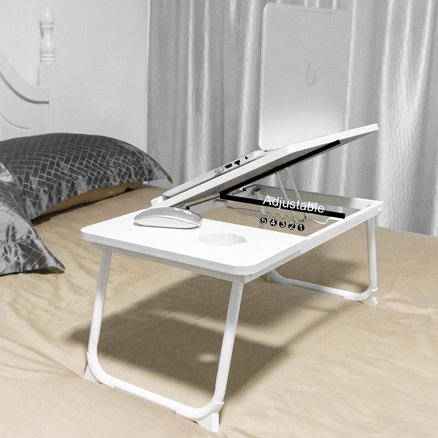 Detalle de Laptop Desk with Foldable Legs & Cup Slot (White) – Bed Tray for Sofa, Bed, or Terrace