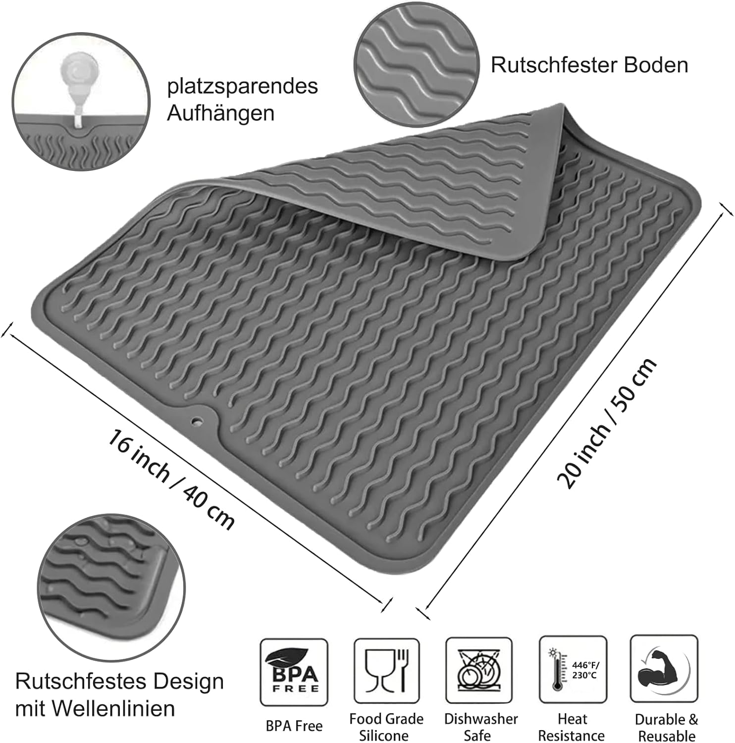 Thumbnail 2 de SOQKEEN Abtropfmatte für Geschirr 50 x 40 cm aus hitzebeständigem Silikon – rutschfest & faltbar