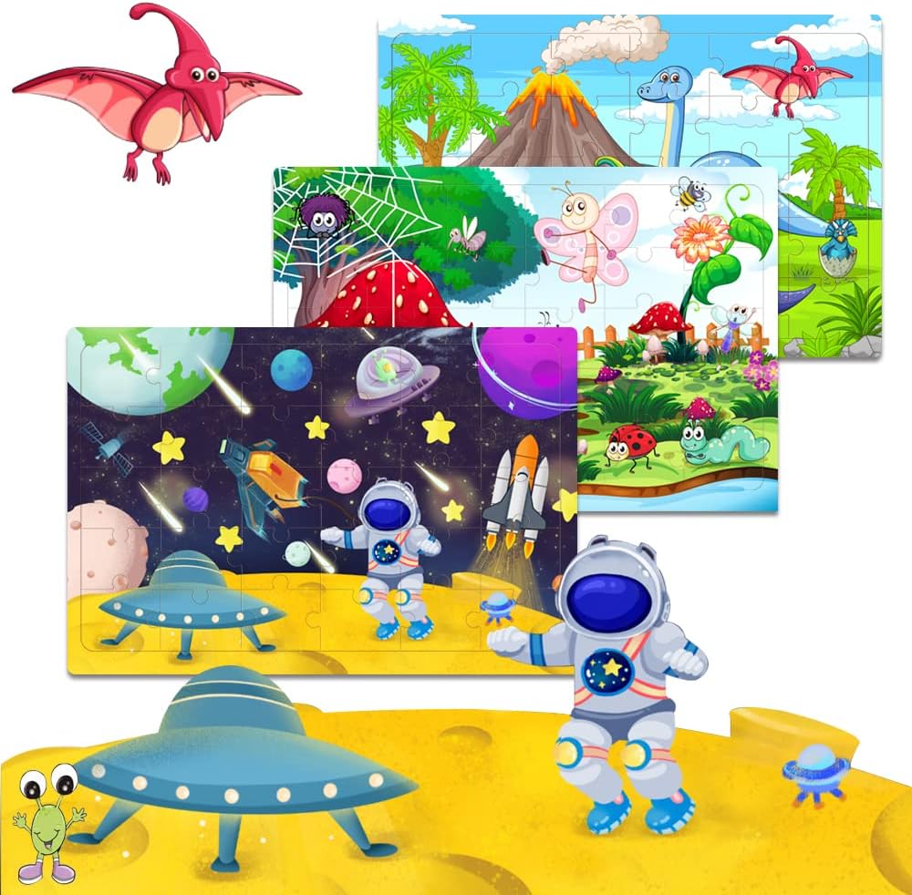 Detalle de Wooden Jigsaw Puzzles for Kids (3–6) Space Dinosaur Animals – 4 x 30-Piece Set