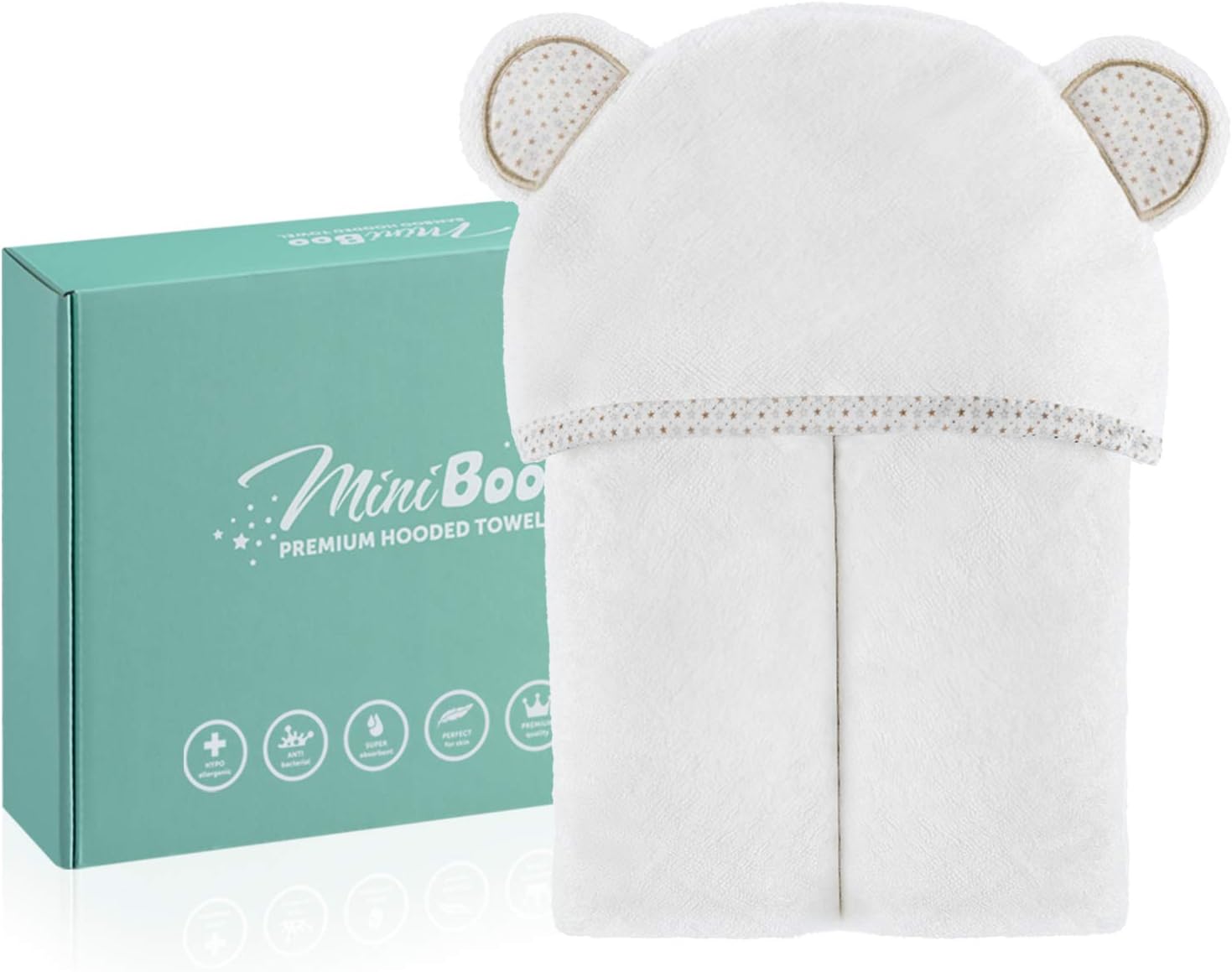 Detalle de MINIBOO Premium Bamboo Baby Towel with Hood (32 x 32 in) – Super soft, absorbent hooded towel for newborns
