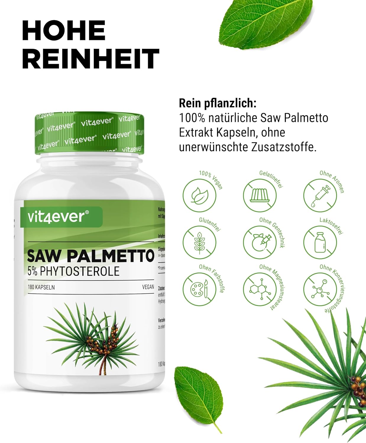 Detalle de Saw Palmetto Extrakt 500 mg – 180 Kapseln, 5% Phytosterole (vegan)