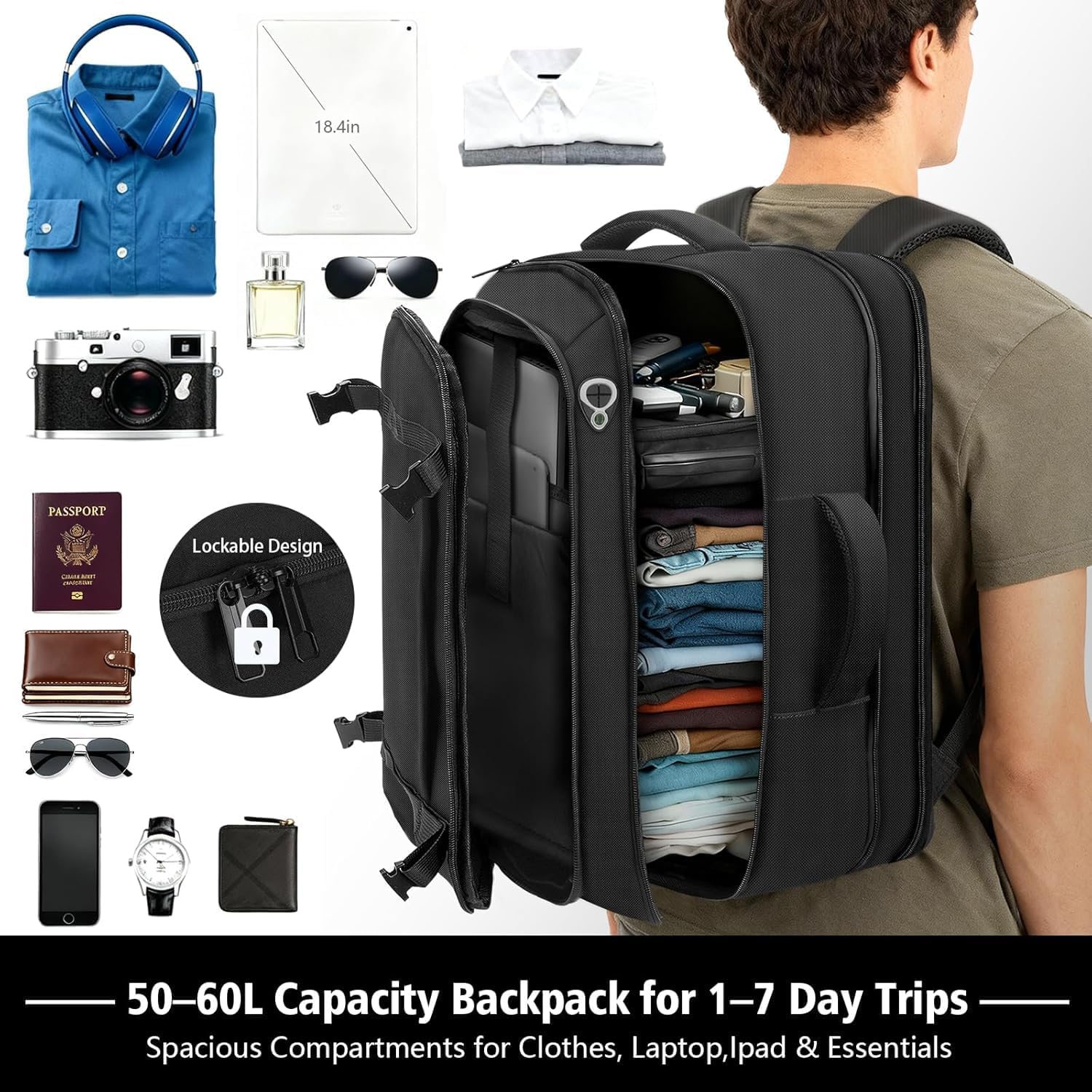 Detalle 2 de HULVION Roomy Carry On Backpack with Expandable Large Capacity, USB Cable Port & Lifetime Warranty (Fits 18.4" Laptop) – Black