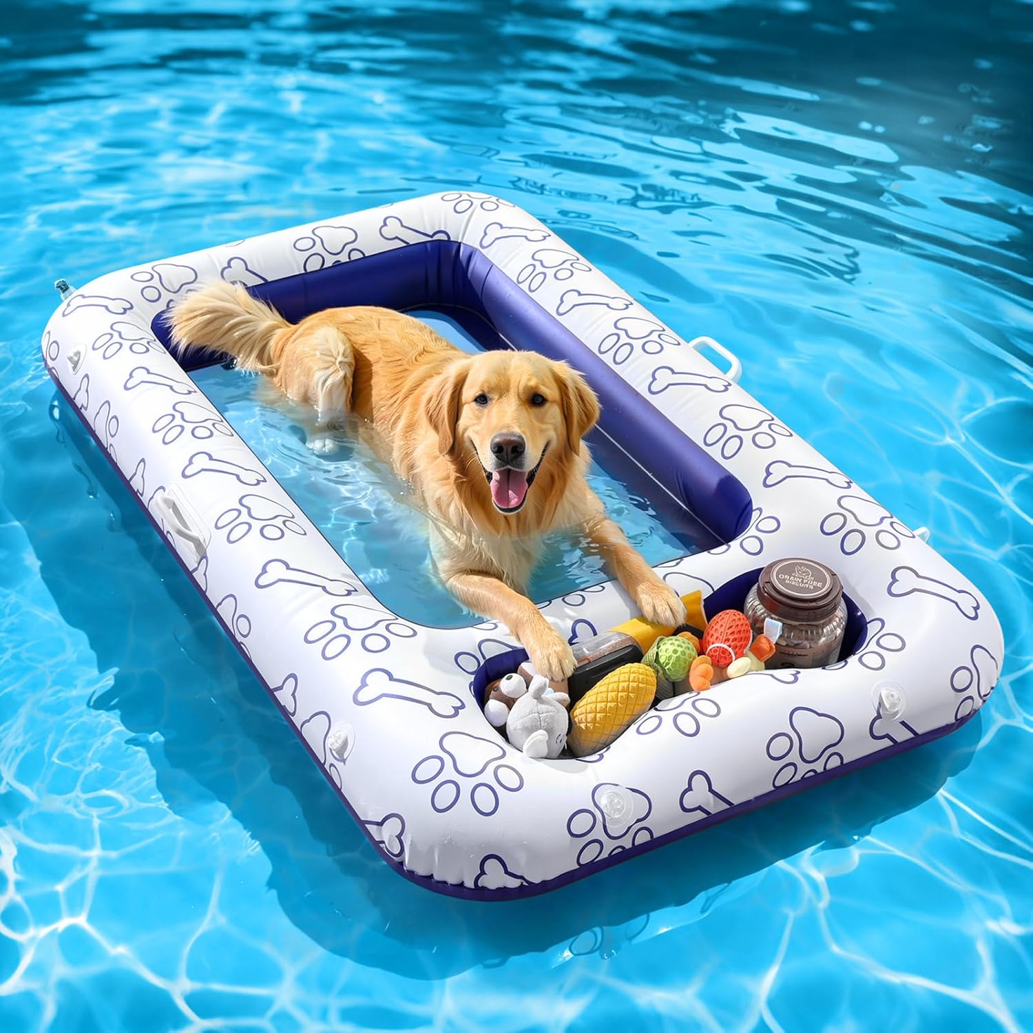 Detalle de MoKo Hundepool-Schwimmfloß 59 × 35 Zoll – Aufblasbares Hundebett mit Staufach, PVC/Mesh, Blau