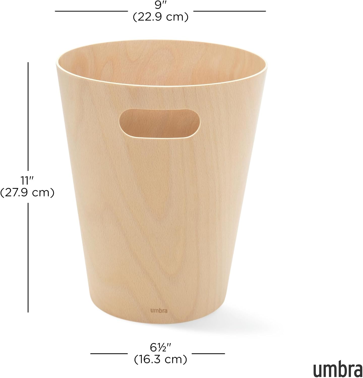 Detalle de Umbra Woodrow papperskorg i tvåfärgat trä, 7,5 l, natur