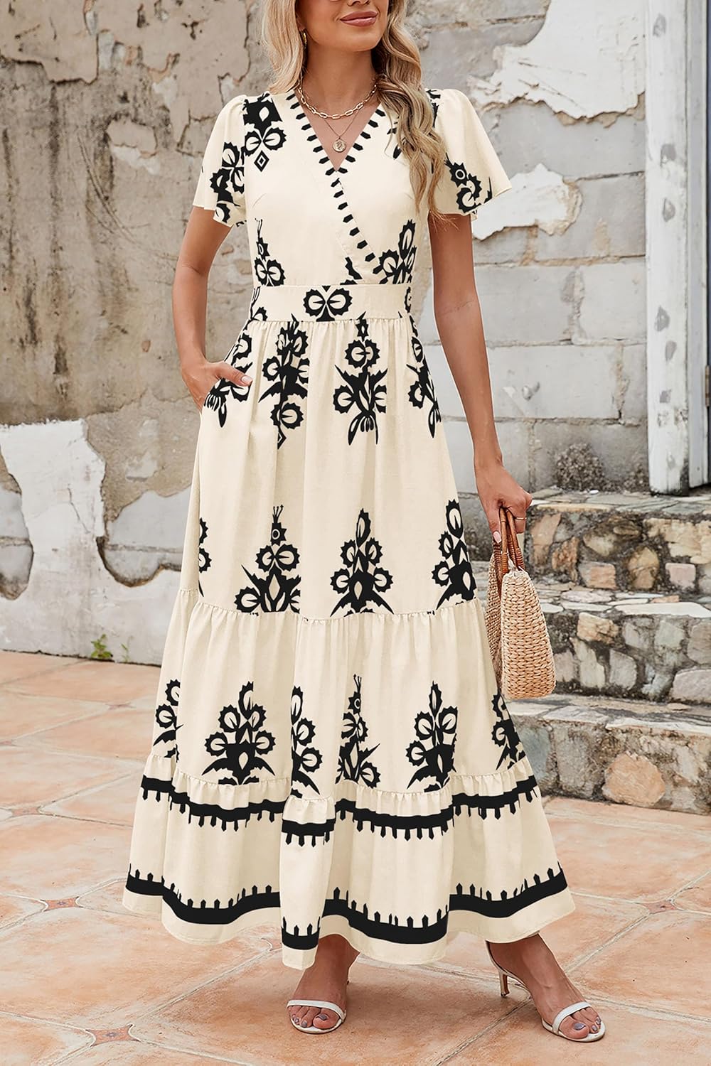 Detalle de PRETTYGARDEN Women's 2026 Summer Casual V-Neck Boho Maxi Dress with Pockets