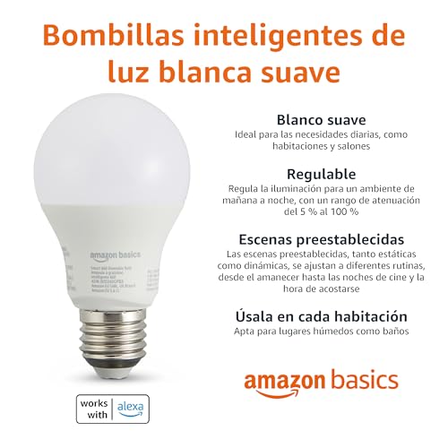 Detalle de Amazon Basics Bombilla LED inteligente regulable E27 (2-pack) — 8W (60W Equivalente), Alexa