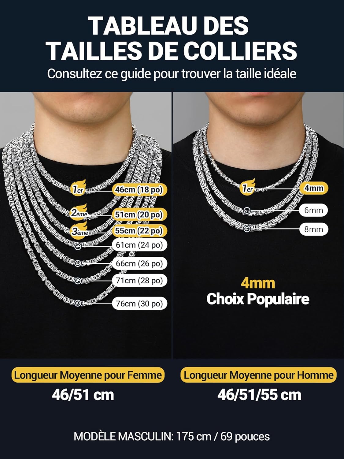Thumbnail 4 de PROSTEEL Chaine Byzantine homme en acier inoxydable 4/6 mm bicolore plaqué or/noir (46 à 76 cm)