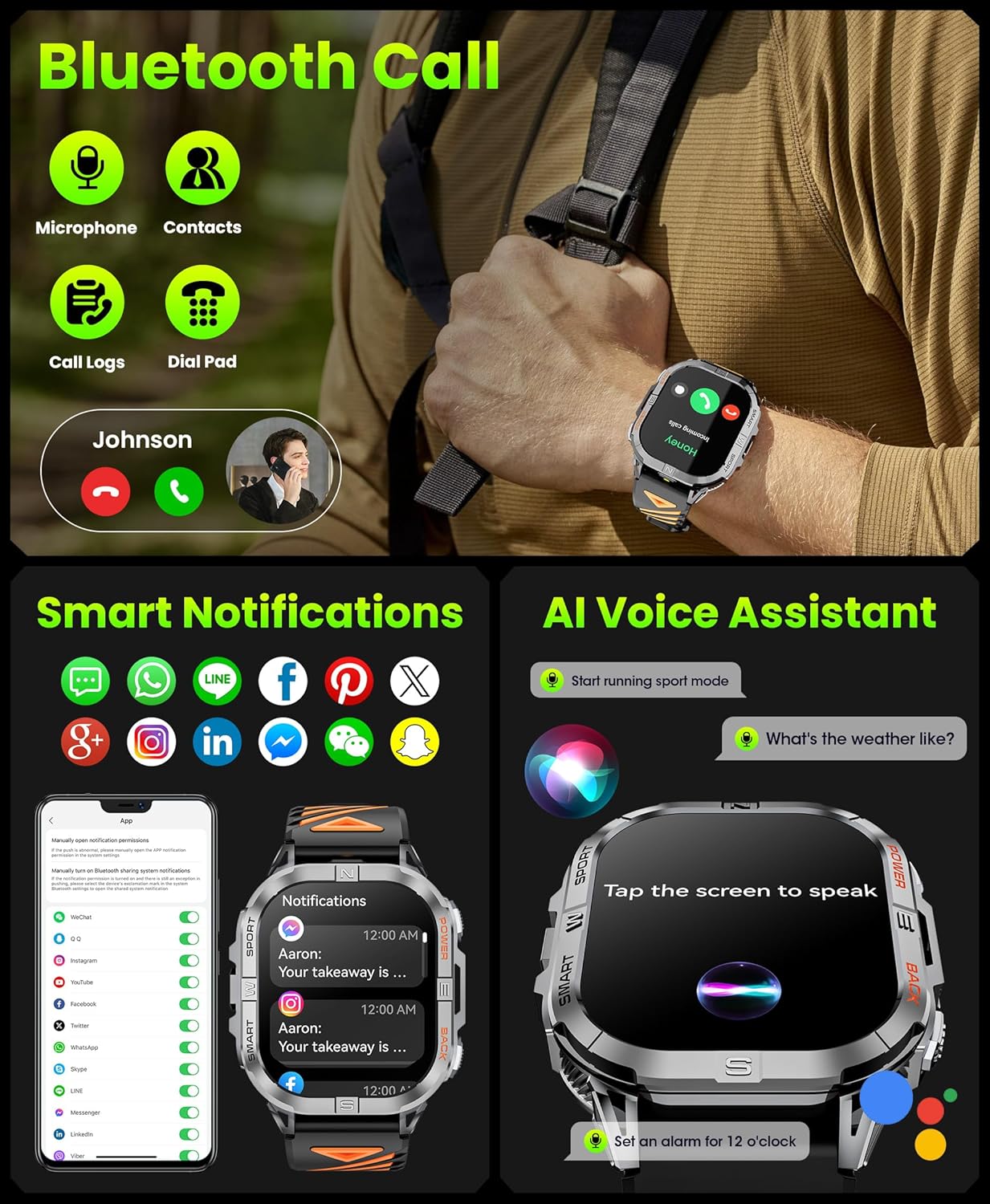 Detalle de Joautrial Military Smart Watch for Men with Built-in GPS, 2.13" AMOLED and Bluetooth Calls (Black)