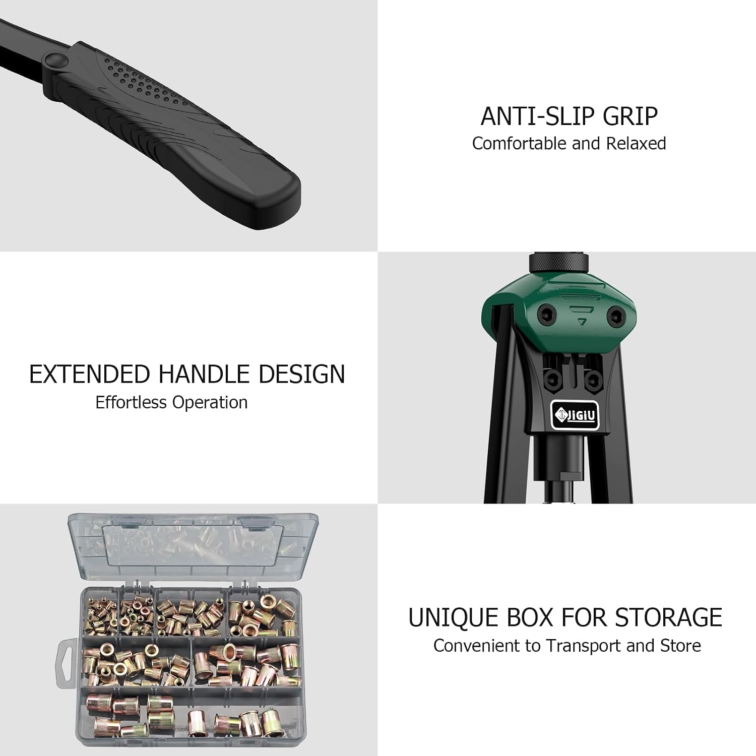 Detalle 1 de JiGiU 16" Rivet Nut Tool Kit: Heavy-Duty Nutsert Gun with 7 Mandrels and 110 Rivet Nuts