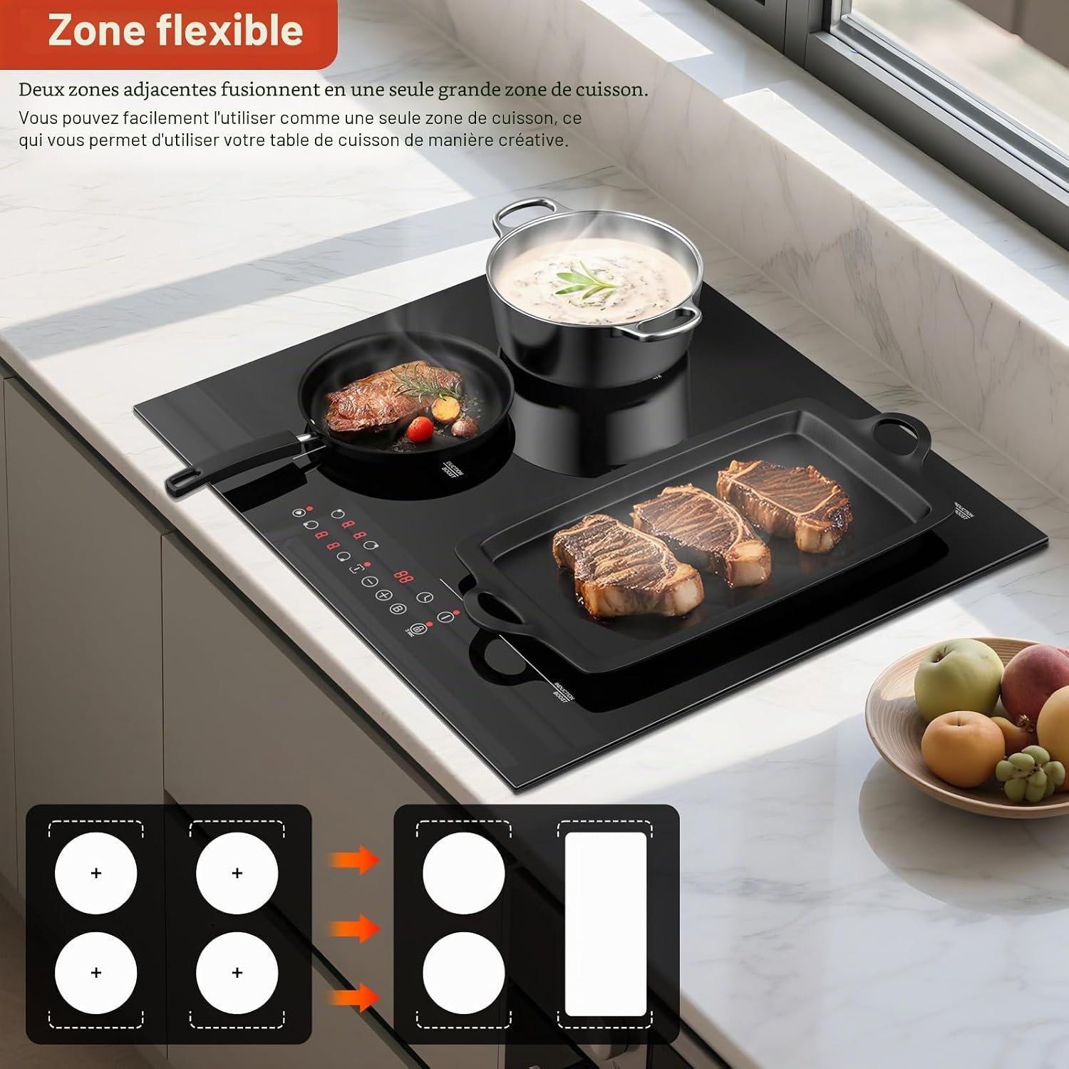 Detalle de KICHPOWER Plaque Induction 4 Feux avec Zone Flexible 60 cm – 6000 W, Commande Tactile