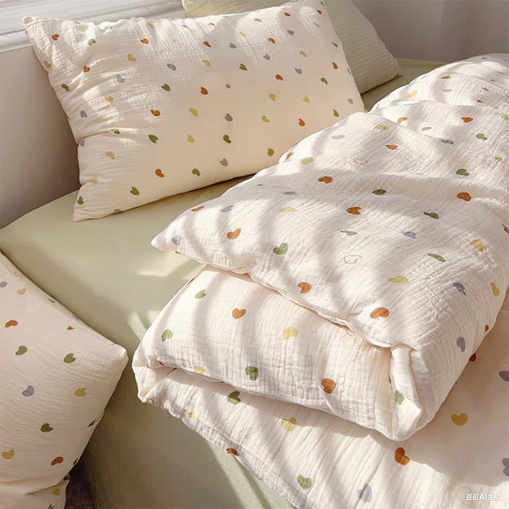 AShanlan Kinderbettwäsche 135x200 Musselin – Bunte Herzen, OEKO-TEX, mit Reißverschluss