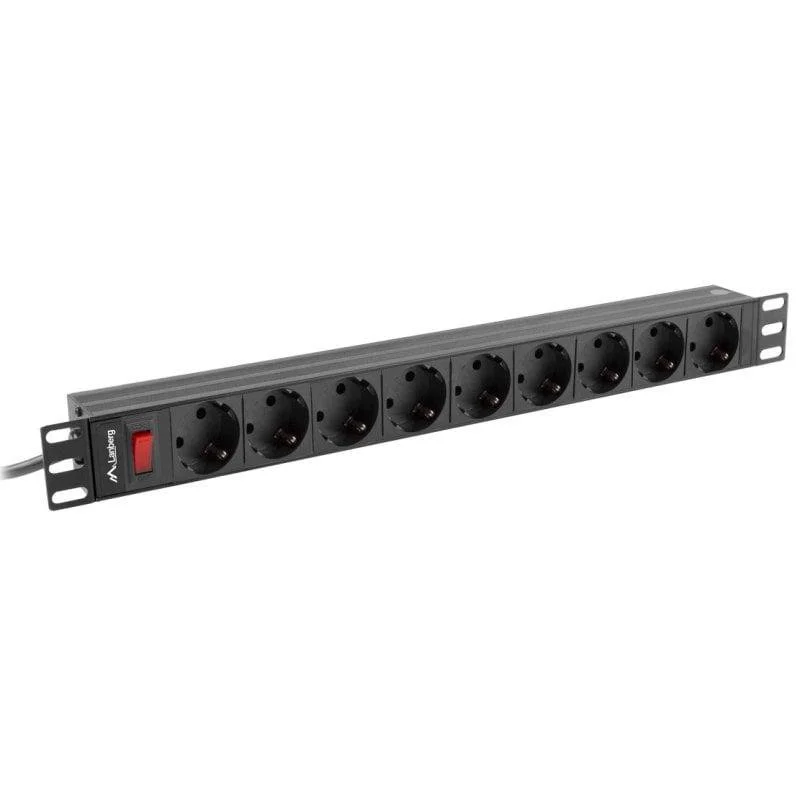 Detalle de Regleta Lanberg PDU-09F-0300-BK 1U, 9 tomas Schuko (Tipo F) en aluminio para rack 19