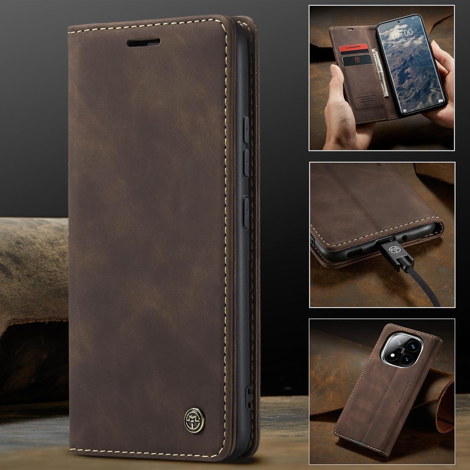 Thumbnail 4 de Monweicz Handyhülle für Xiaomi Poco X7 5G – Premium Flip-Case mit Kartenfach, Magnetverschluss und Standfunktion (Kaffee)