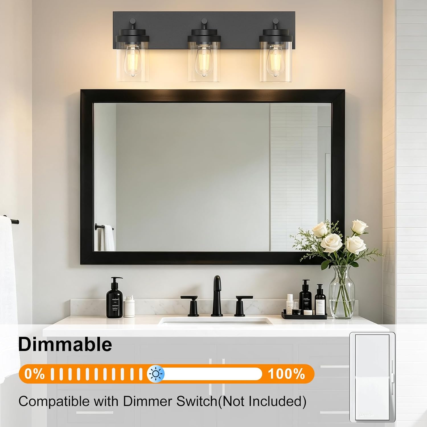 Detalle de IZORRO HL101-3T-CL 3-Light Bathroom Vanity Light, Matte Black, Clear Glass