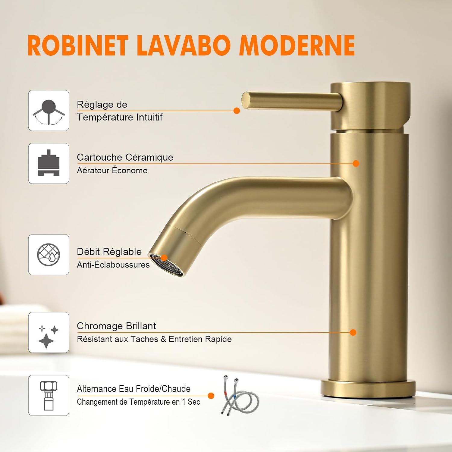 Thumbnail 1 de Ibergrif Mitigeur lavabo monocommande doré – Corps en acier inoxydable et cartouche ceramic à faible bruit