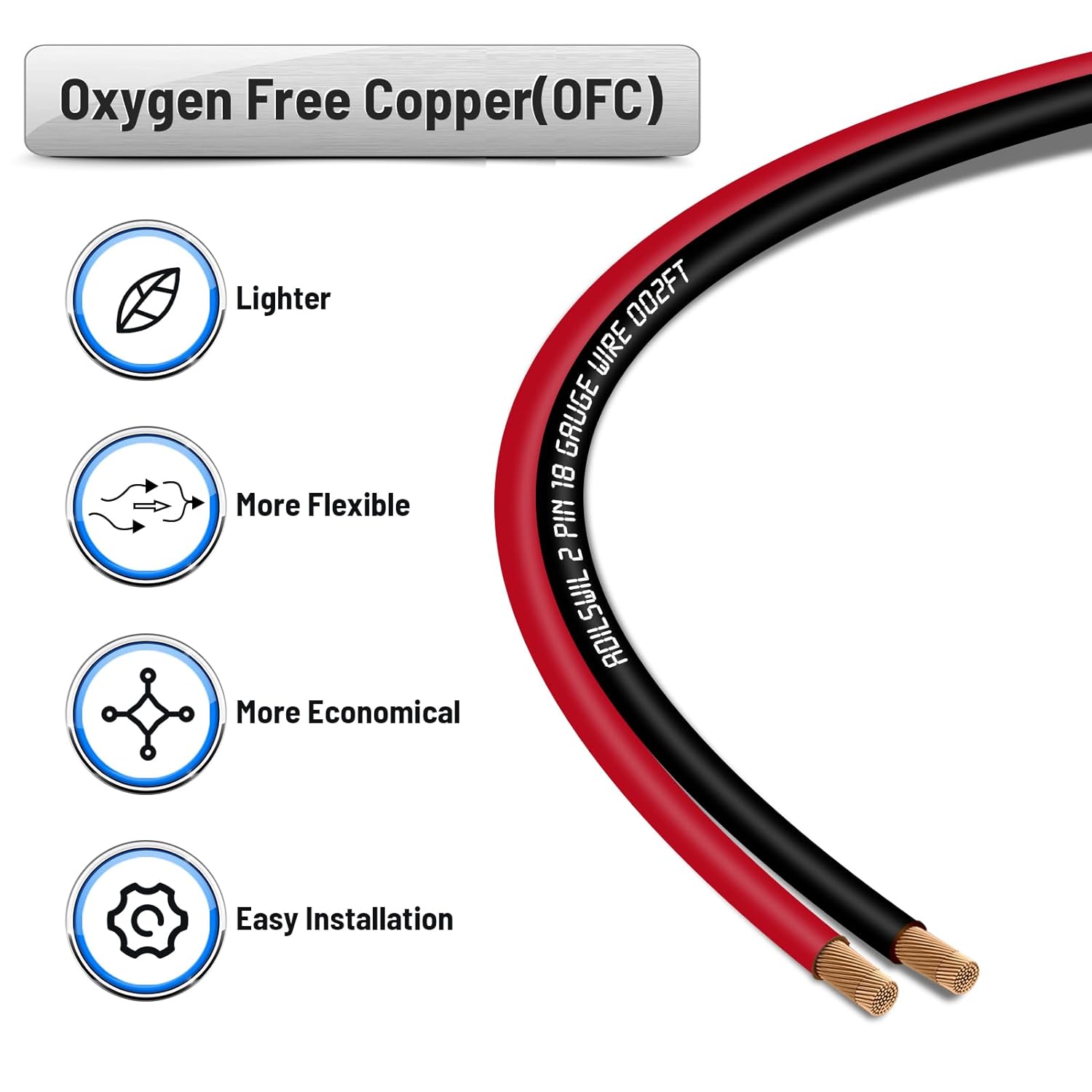 Thumbnail 1 de ADILSWIL 18/2 Speaker Wire Cable, 18 Gauge, 50FT (OFC) Red/Black CL2 Flexible Stranded Wire