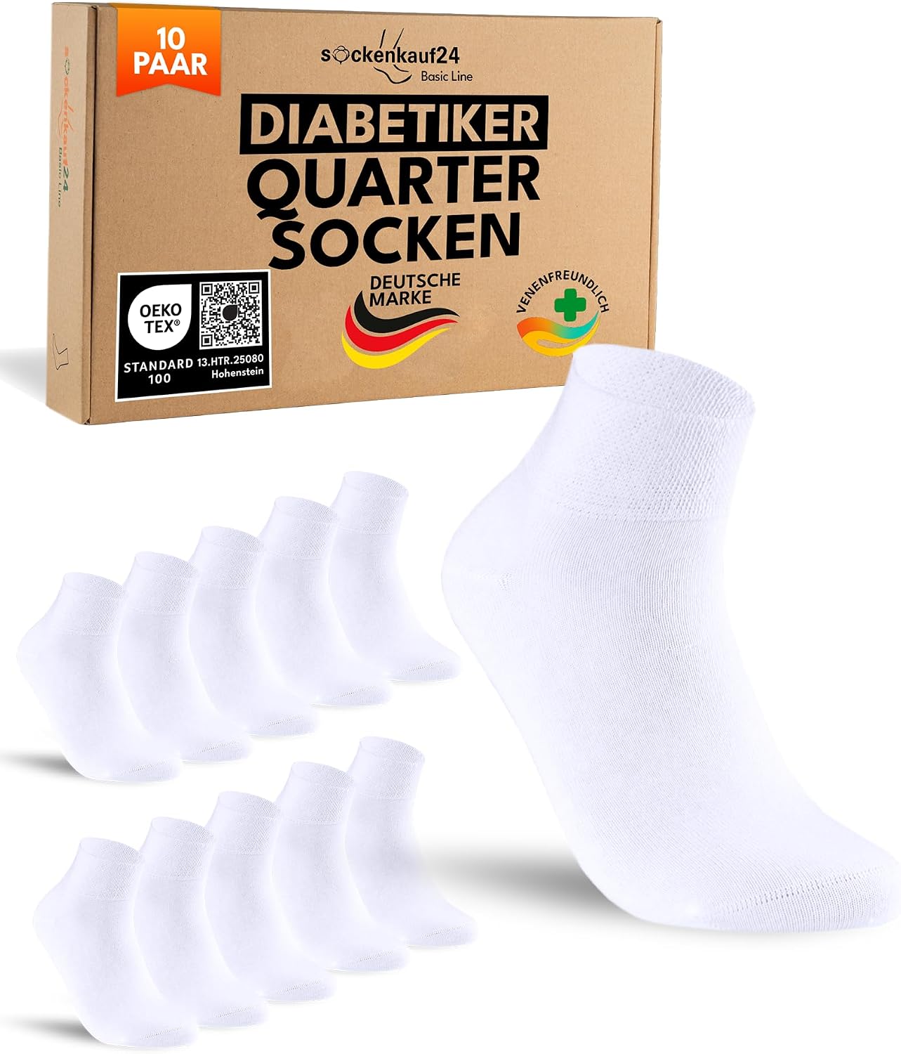 Detalle de sockenkauf24 – 10 Paar kurze Diabetikersocken (Quarter) ohne Gummibund, Nahtfrei, für Damen & Herren