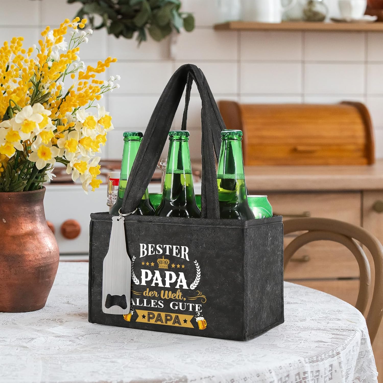 Detalle de WenmthG Geschenk-Set: Bierträger-Masche für Papa – 6 Flaschen, Flaschenöffner, Grußkarte und Untersetzer