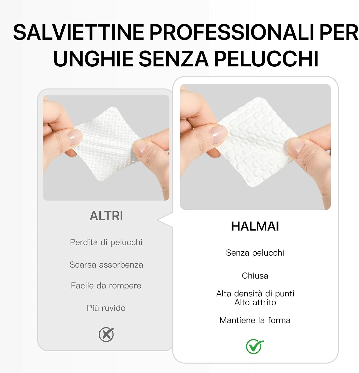 Detalle de HALMAI 1300 Salviette Unghie Senza Pelucchi: assorbenza elevata e compatibili con acetone per rimozione gel e smalto