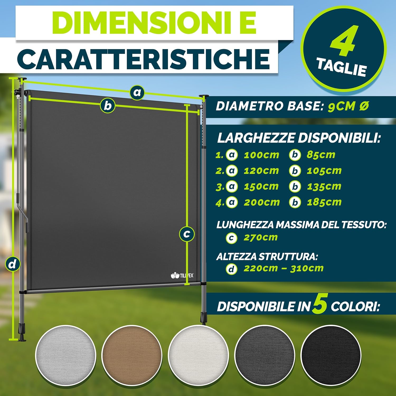 Thumbnail 6 de tillvex® Tenda da sole verticale esterna 150 x 310 cm Anthracite con manovella – senza fori, frangivista, allungabile e opaca